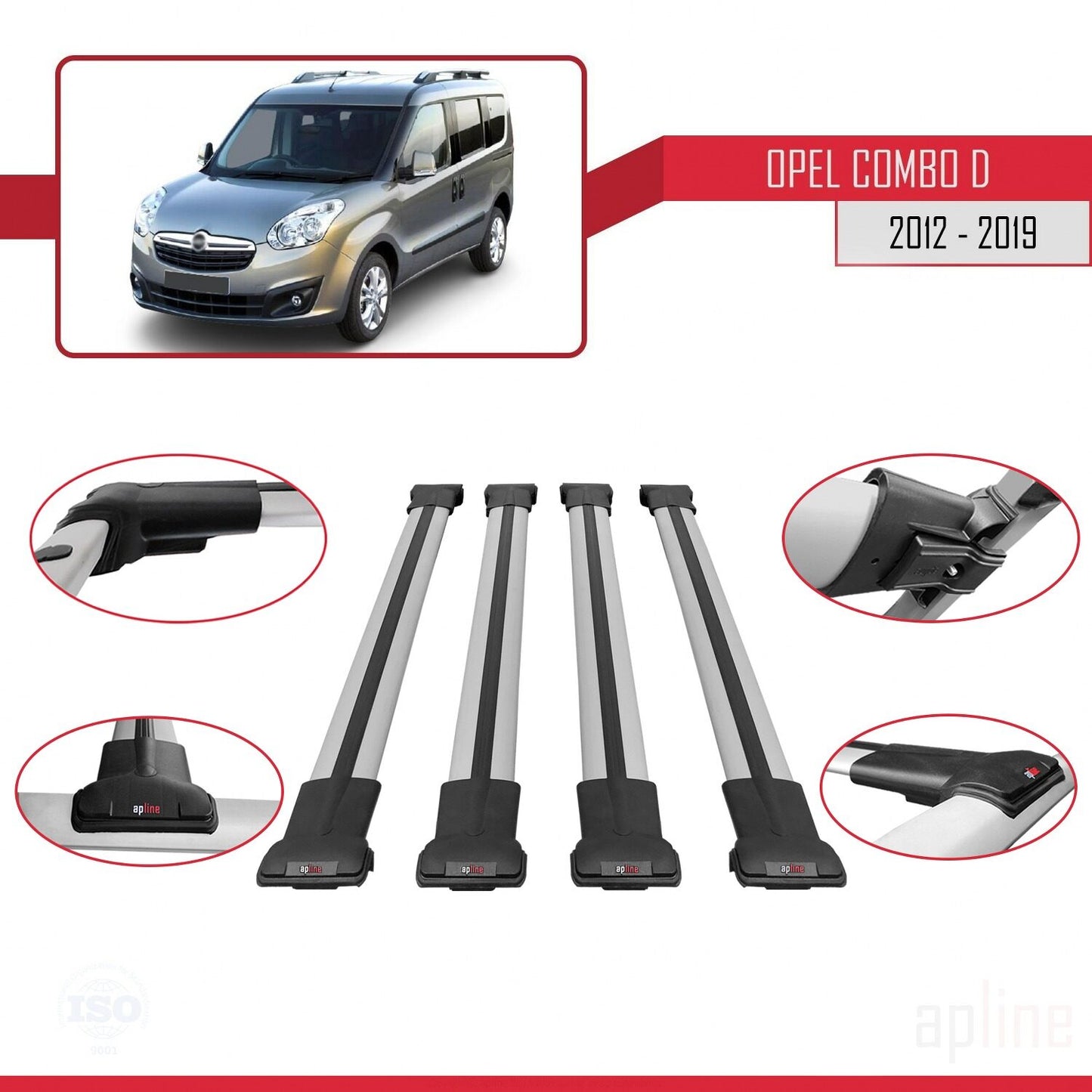Compatible avec Opel Combo D 2012-2018 FLY Model Barres de Toit Railing Porte-Bagages de Voiture Gris Aluminium 4 Barres