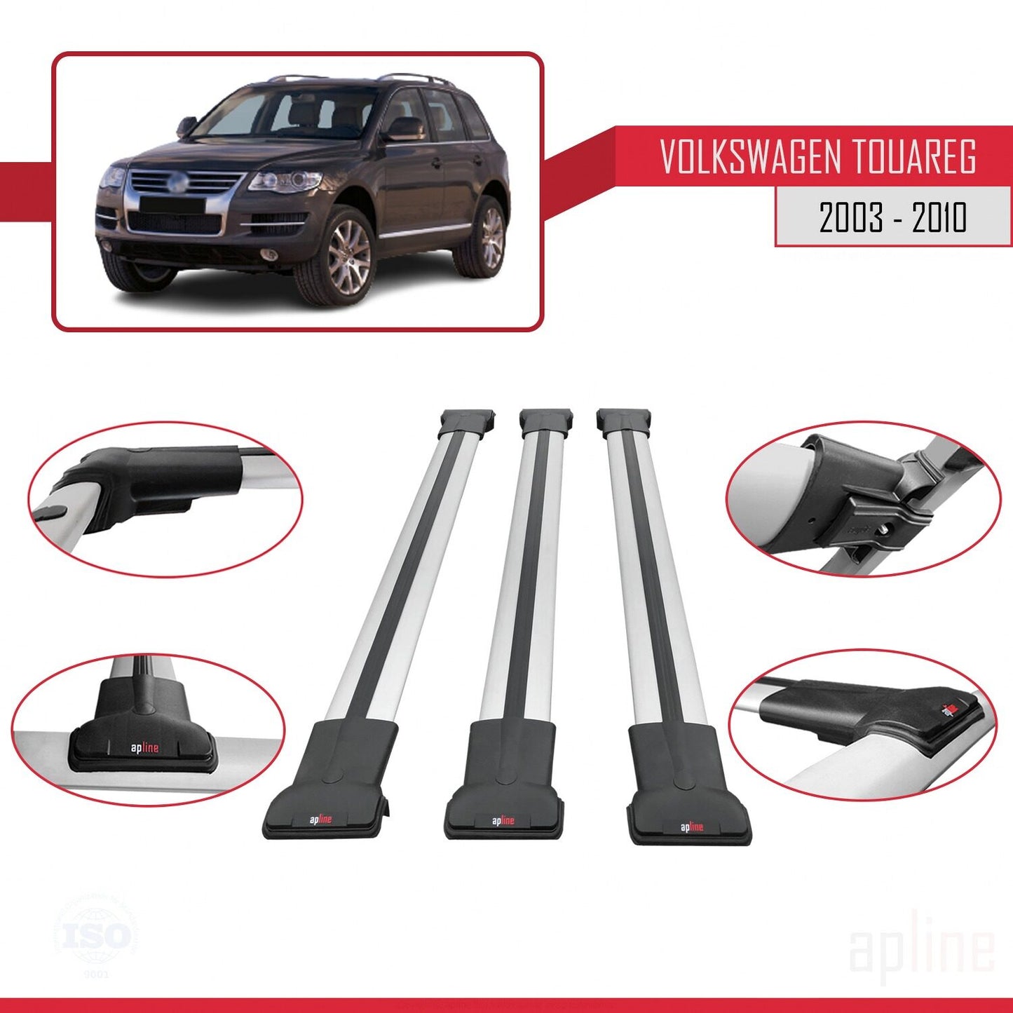 Compatible avec Volkswagen Touareg (7L) 2002-2010 FLY Model Barres de Toit Railing Porte-Bagages de Voiture Gris Aluminium 3 Barres