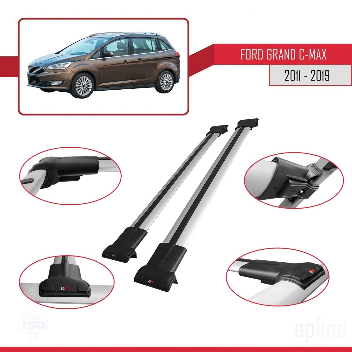 Kompatibel mit Ford Grand C-Max (C344) 2011-2019 FLY Modell Dachgepäckträger, graues Aluminium, 2 Stangen