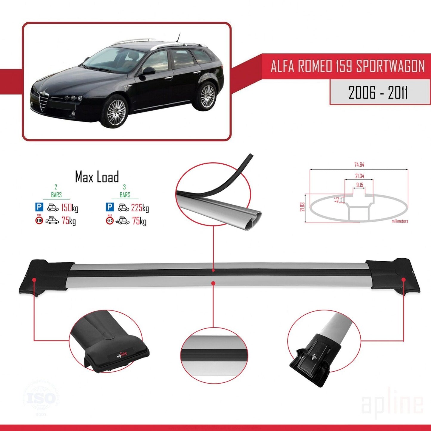 Kompatibel mit Alfa Romeo 159 (T939) Kombi 2006-2011 FLY Modell Dachgepäckträger, graues Aluminium, 2 Stangen