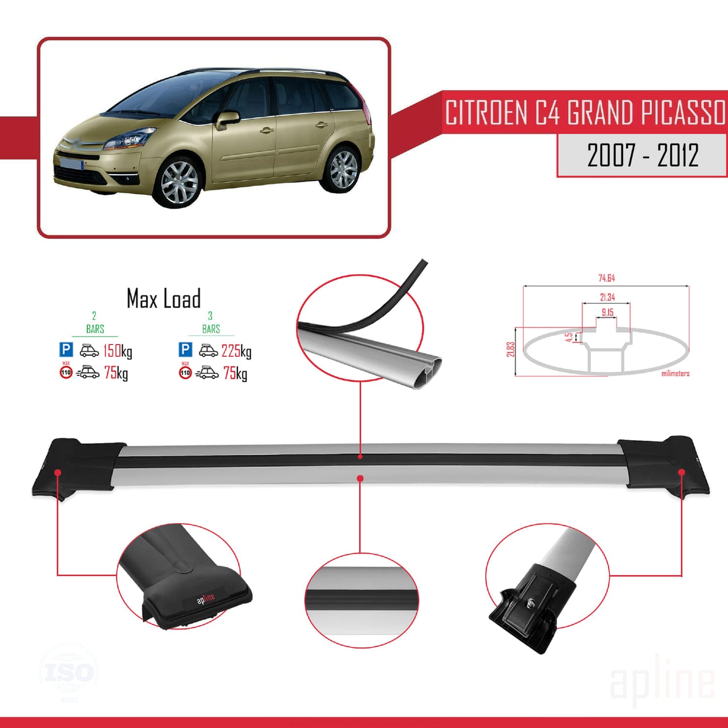 Kompatibel mit Citroen Grand C4 Picasso 2007-2012 FLY Modell Dachgepäckträger, graues Aluminium, 2 Stangen
