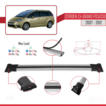 Kompatibel mit Citroen Grand C4 Picasso 2007-2012 FLY Modell Dachgepäckträger, graues Aluminium, 2 Stangen