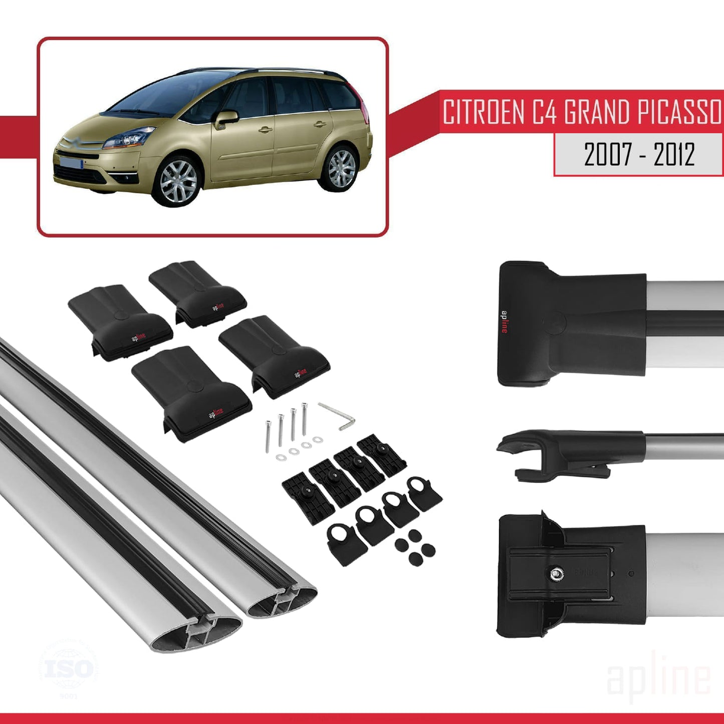 Kompatibel mit Citroen Grand C4 Picasso 2007-2012 FLY Modell Dachgepäckträger, graues Aluminium, 2 Stangen