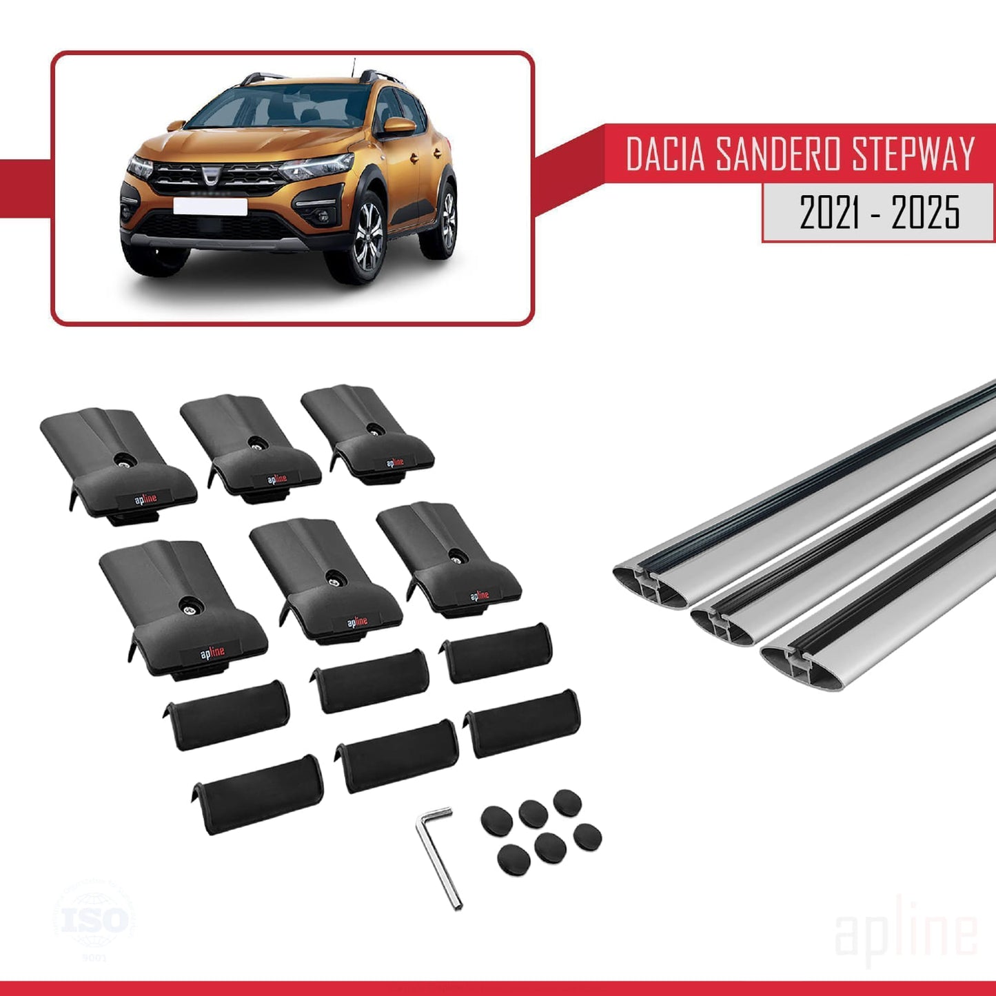 Kompatibel mit Dacia Sandero Stepway 3 2021-2025 FLY Modell Dachgepäckträger, Reling, Gepäckträger, graues Aluminium, 3 Stangen