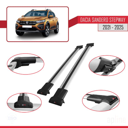 Kompatibel mit Dacia Sandero Stepway 3 2021-2025 FLY Modell Dachgepäckträger, Reling, Gepäckträger, graues Aluminium, 2 Stangen