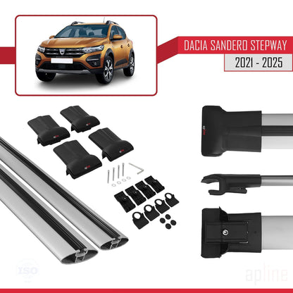 Kompatibel mit Dacia Sandero Stepway 3 2021-2025 FLY Modell Dachgepäckträger, Reling, Gepäckträger, graues Aluminium, 2 Stangen