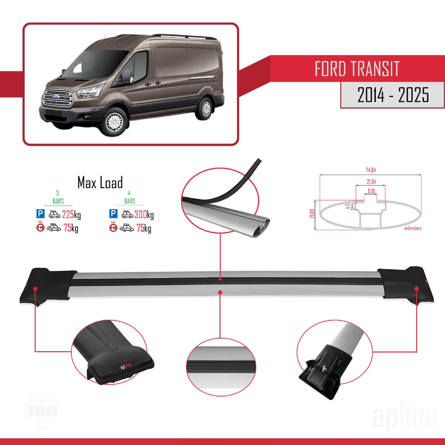 Kompatibel mit Ford Transit FLY Modell 2014-2025 Dachgepäckträger, Reling, Gepäckträger, graues Aluminium, 4 Stangen