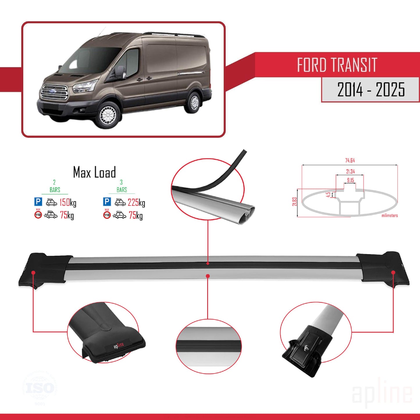 Kompatibel mit Ford Transit FLY Modell 2014-2025 Dachgepäckträger, Reling, Gepäckträger, graues Aluminium, 2 Stangen