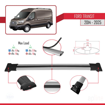 Kompatibel mit Ford Transit FLY Modell 2014-2025 Dachgepäckträger, Reling, Gepäckträger, graues Aluminium, 2 Stangen