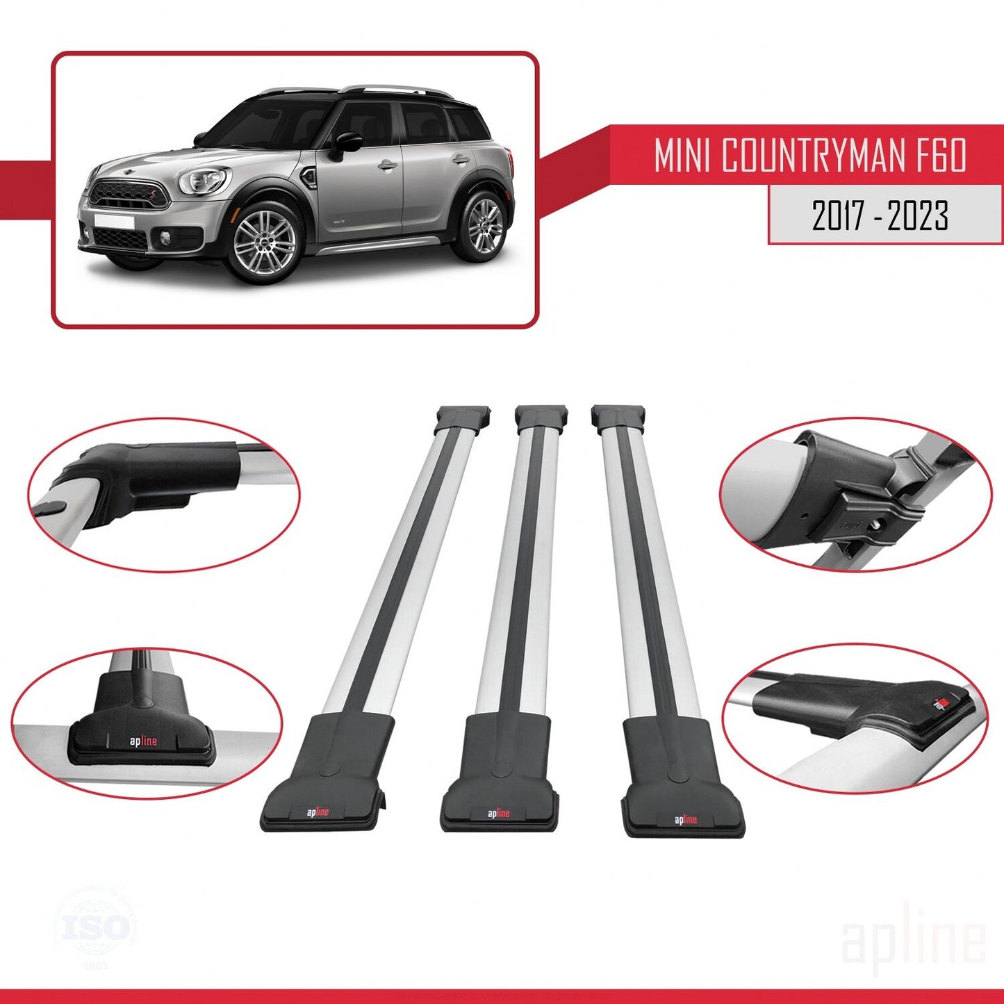 Compatible with Mini Countryman 2 (F60) 2017-2023 FLY Model Car Roof Rack Cross Bar Grey Aluminium 3 Bars