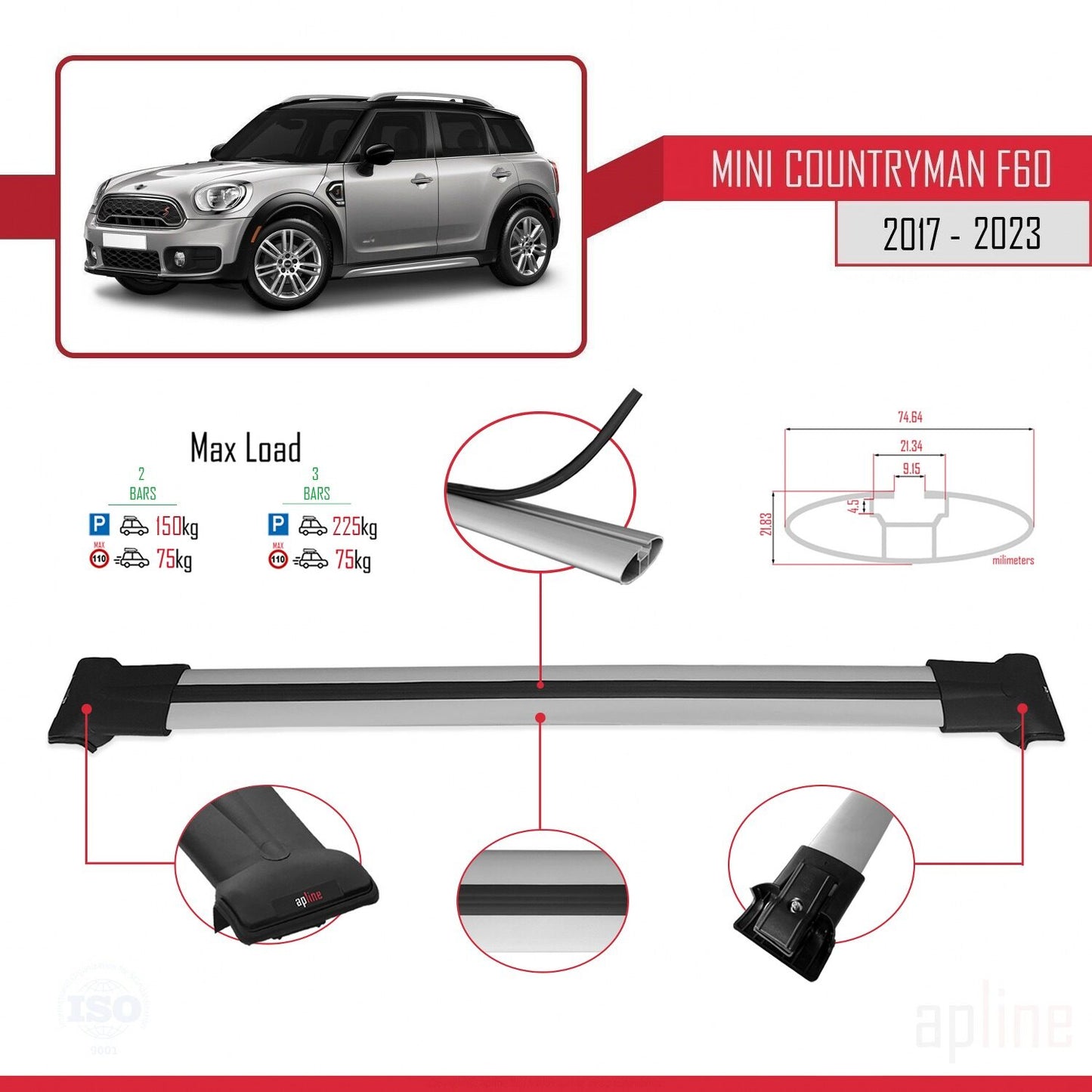 Kompatibel mit Mini Countryman 2 (F60) 2017-2023 FLY Model Relingträger Dachträger Auto Gepäckträger Grau Aluminium 2 Stangen