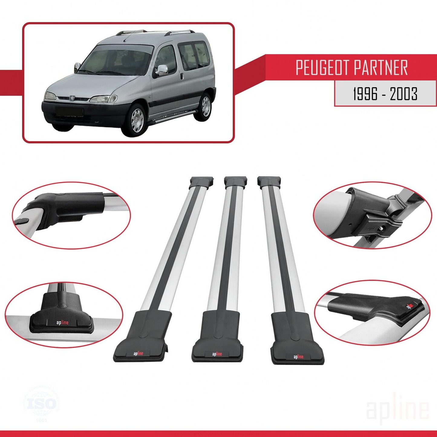 Compatible avec Peugeot Partner Pre-Facelift 1996-2003 FLY Model Barres de Toit Railing Porte-Bagages de Voiture Gris Aluminium 3 Barres