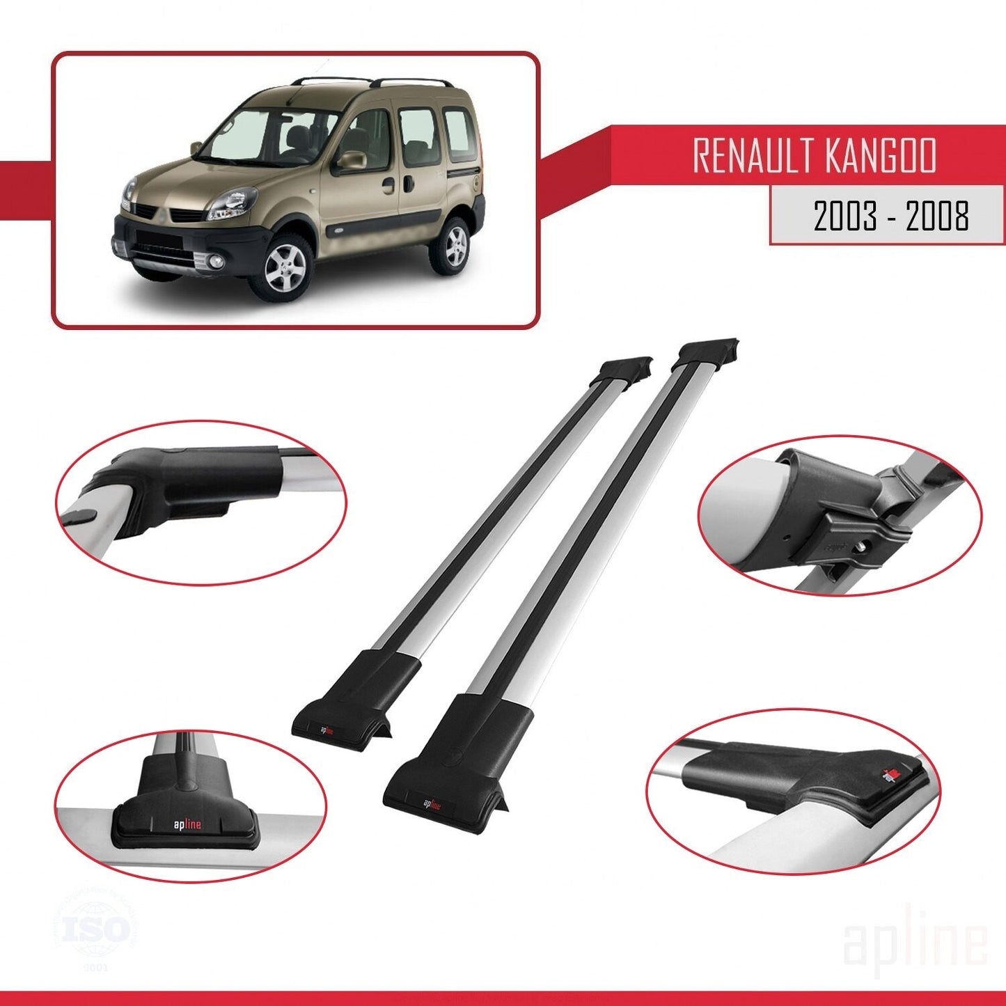 Compatible avec Renault Kangoo (X76) Post-Facelift 2003-2008 FLY Model Barres de Toit Railing Porte-Bagages de Voiture Gris Aluminium 2 Barres
