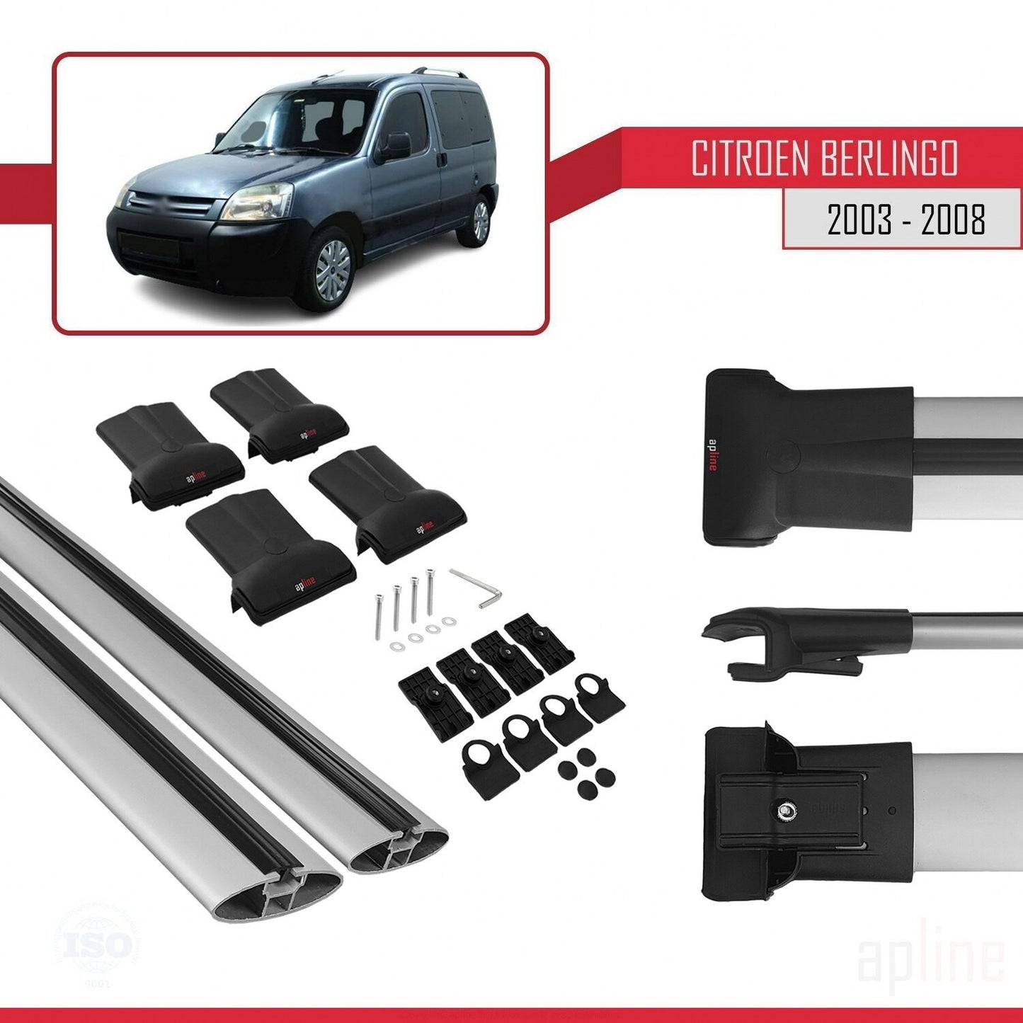 Kompatibel mit Citroen Berlingo (M59) 2003-2008 FLY Modell Dachgepäckträger, graues Aluminium, 2 Stangen