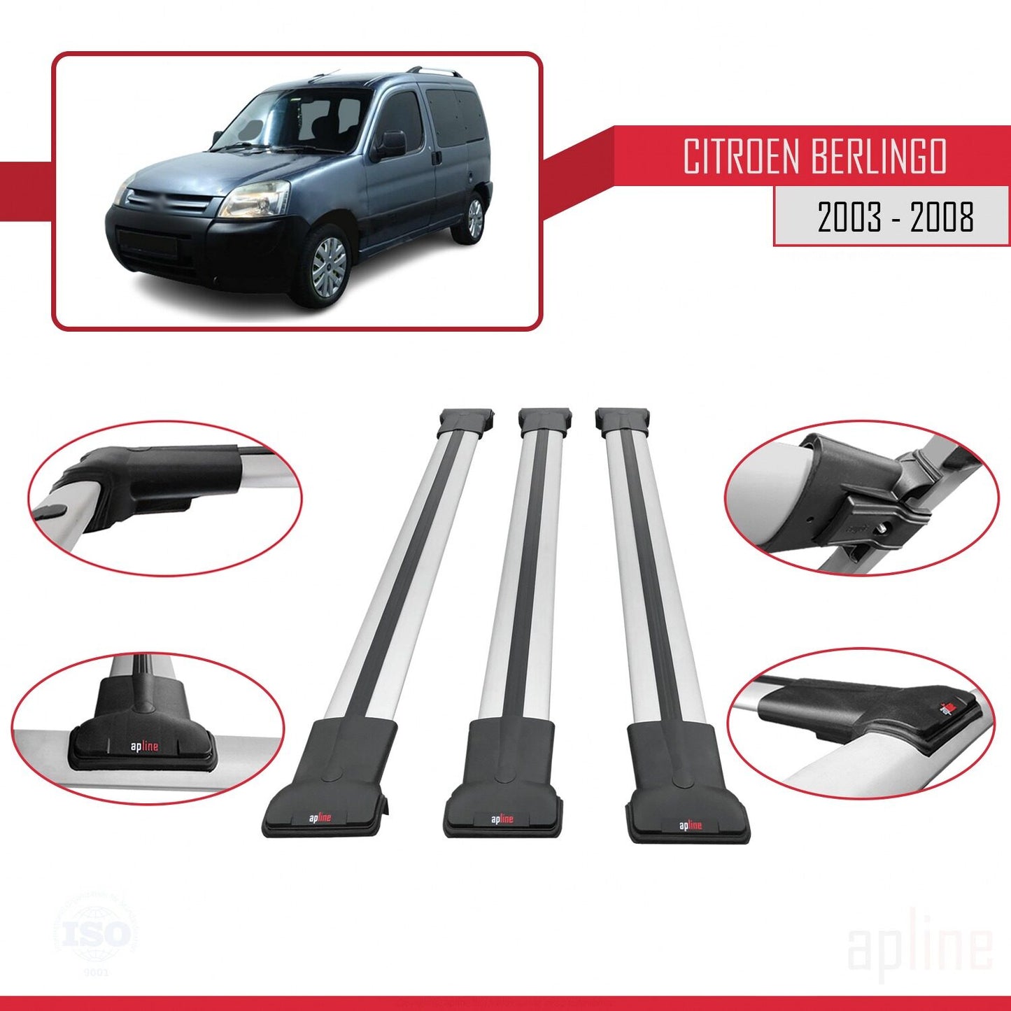 Kompatibel mit Citroen Berlingo (M59) 2003-2008 FLY Modell Dachgepäckträger, graues Aluminium, 3-teilig