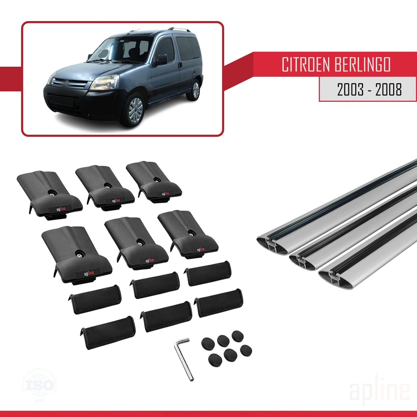 Kompatibel mit Citroen Berlingo (M59) 2003-2008 FLY Modell Dachgepäckträger, graues Aluminium, 3-teilig