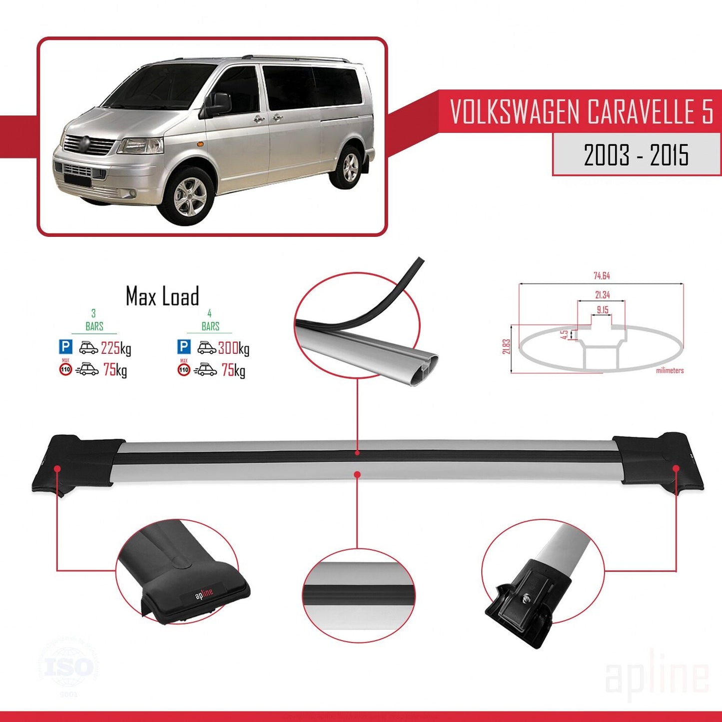 Compatible avec Volkswagen T5 Caravelle 2003-2015 FLY Model Barres de Toit Railing Porte-Bagages de Voiture Gris Aluminium 3 Barres