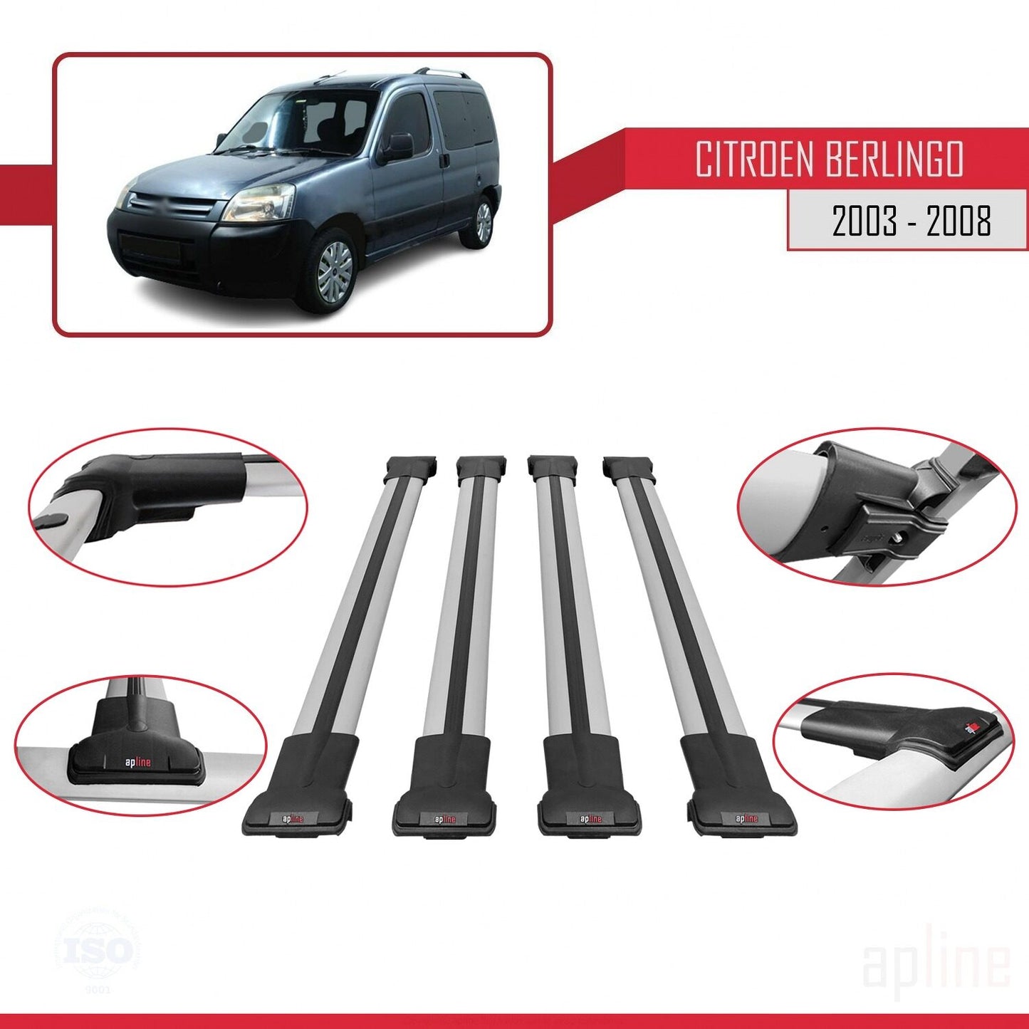 Kompatibel mit Citroen Berlingo (M59) 2003-2008 FLY Modell Dachgepäckträger, graues Aluminium, 4 Stangen