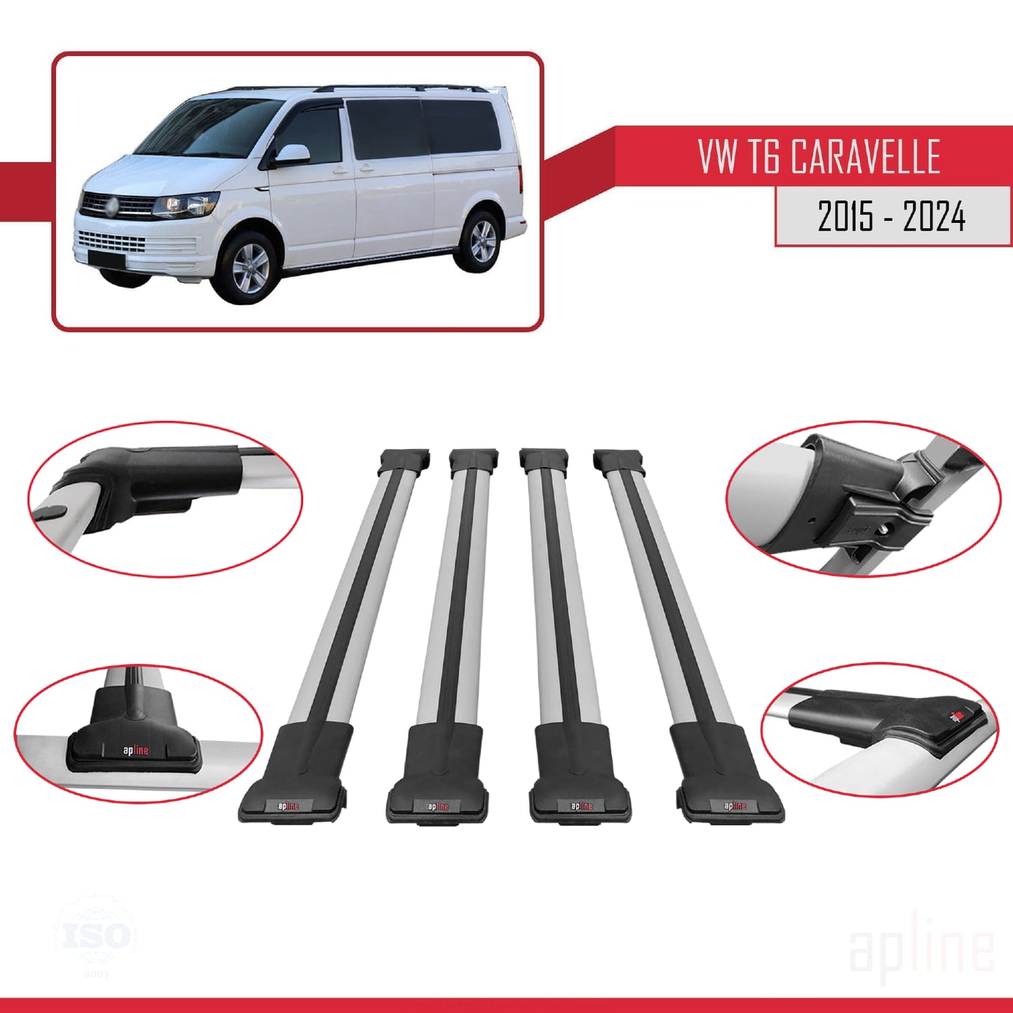 Compatible avec Volkswagen T6 Caravelle 2015-2024 FLY Model Barres de Toit Railing Porte-Bagages de Voiture Gris Aluminium 4 Barres