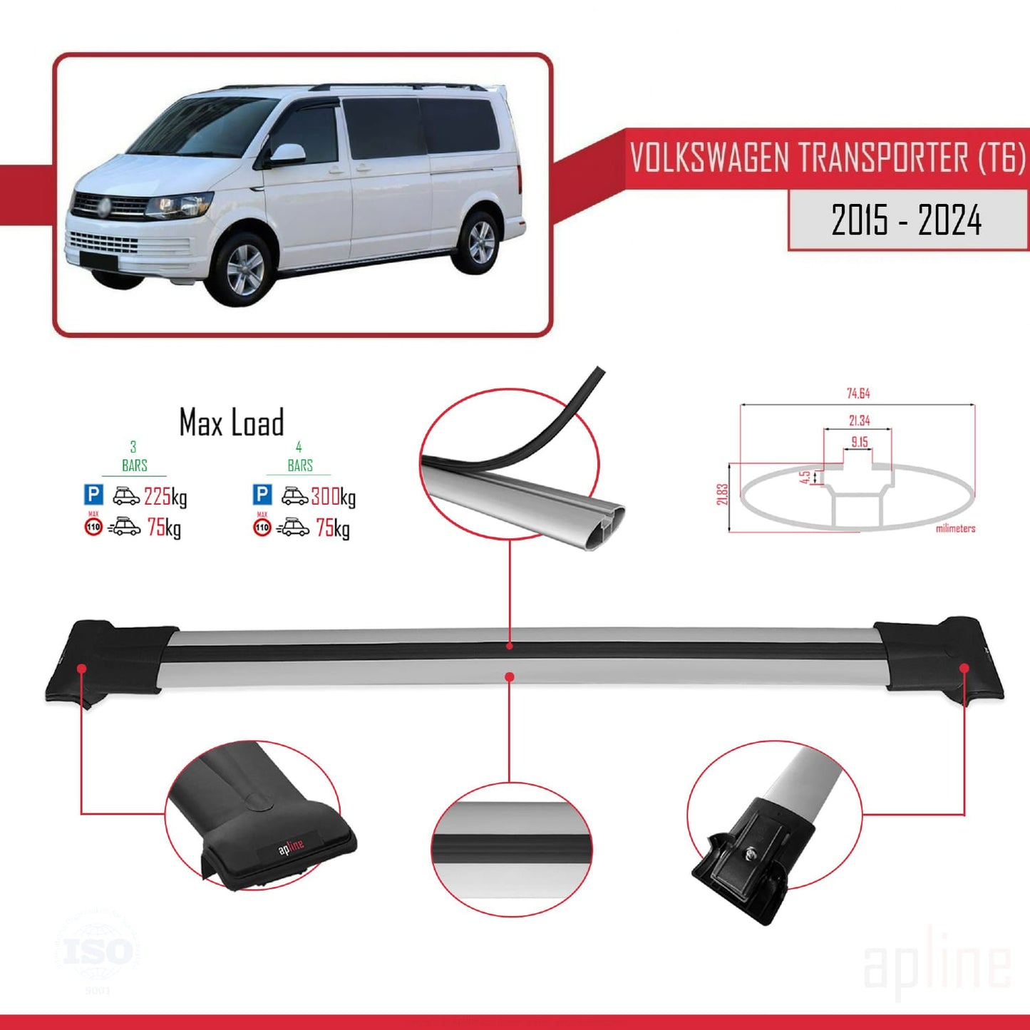 Compatible avec Volkswagen T6 Transporter 2015-2024 FLY Model Barres de Toit Railing Porte-Bagages de Voiture Gris Aluminium 3 Barres