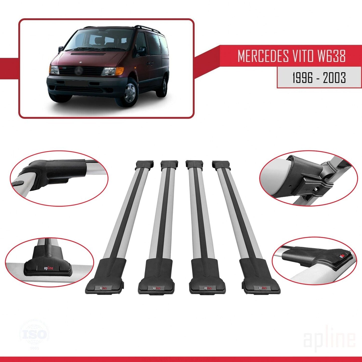 Kompatibel mit Mercedes Vito (W638) 1996-2003 FLY Model Relingträger Dachträger Auto Gepäckträger Grau Aluminium 4 Stangen