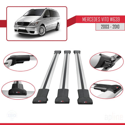Compatible avec Mercedes Vito 2 (W639) Pre-Facelift 2003-2010 FLY Model Barres de Toit Railing Porte-Bagages de Voiture Gris Aluminium 3 Barres