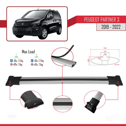Kompatibel mit Peugeot Partner 3 2019-2022 FLY Model Relingträger Dachträger Auto Gepäckträger Grau Aluminium 2 Stangen