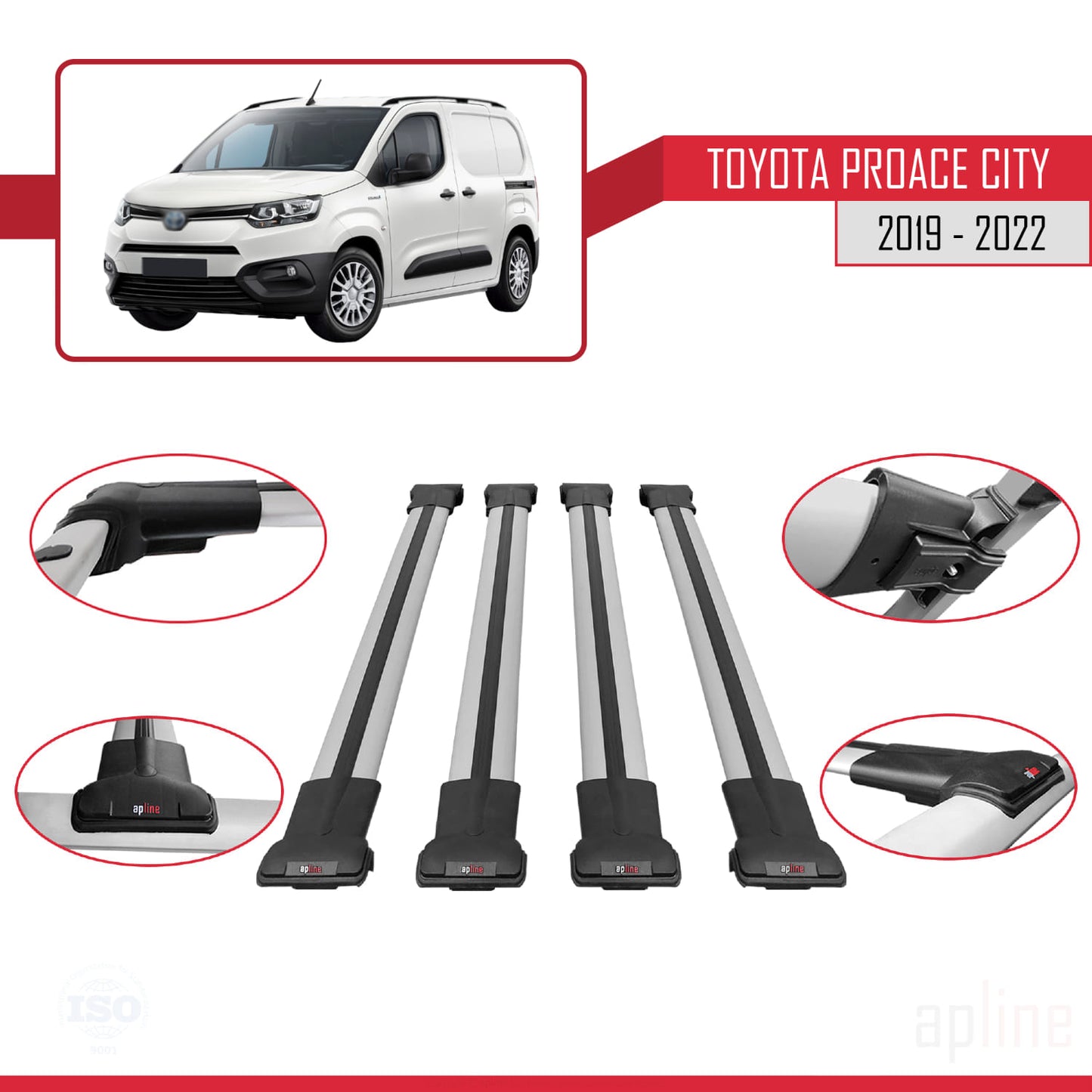Compatible avec Toyota Proace City 2019-2022 FLY Model Barres de Toit Railing Porte-Bagages de Voiture Gris Aluminium 4 Barres
