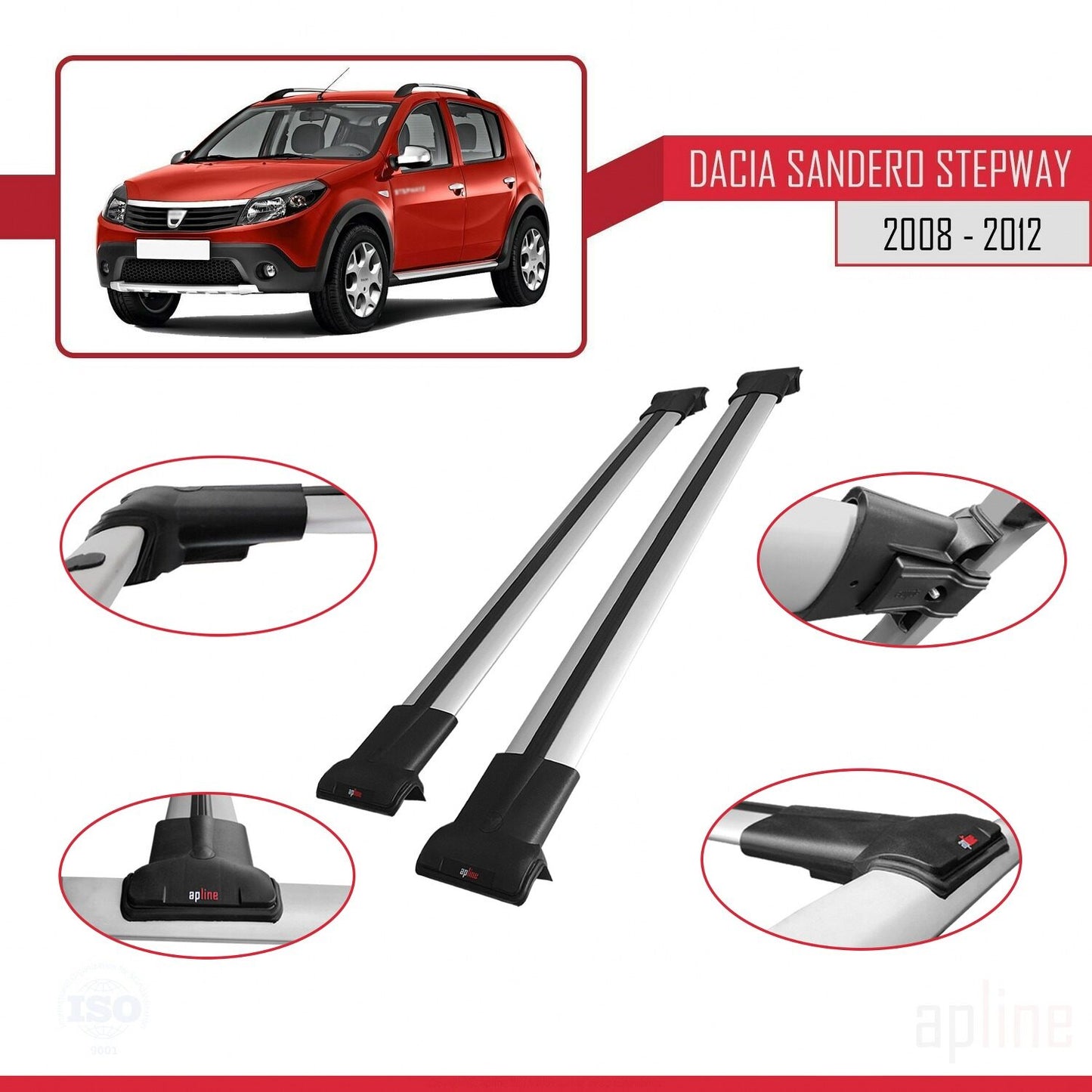 Kompatibel mit Dacia Sandero Stepway 2008-2012 FLY Modell Dachgepäckträger, graues Aluminium, 2 Stangen