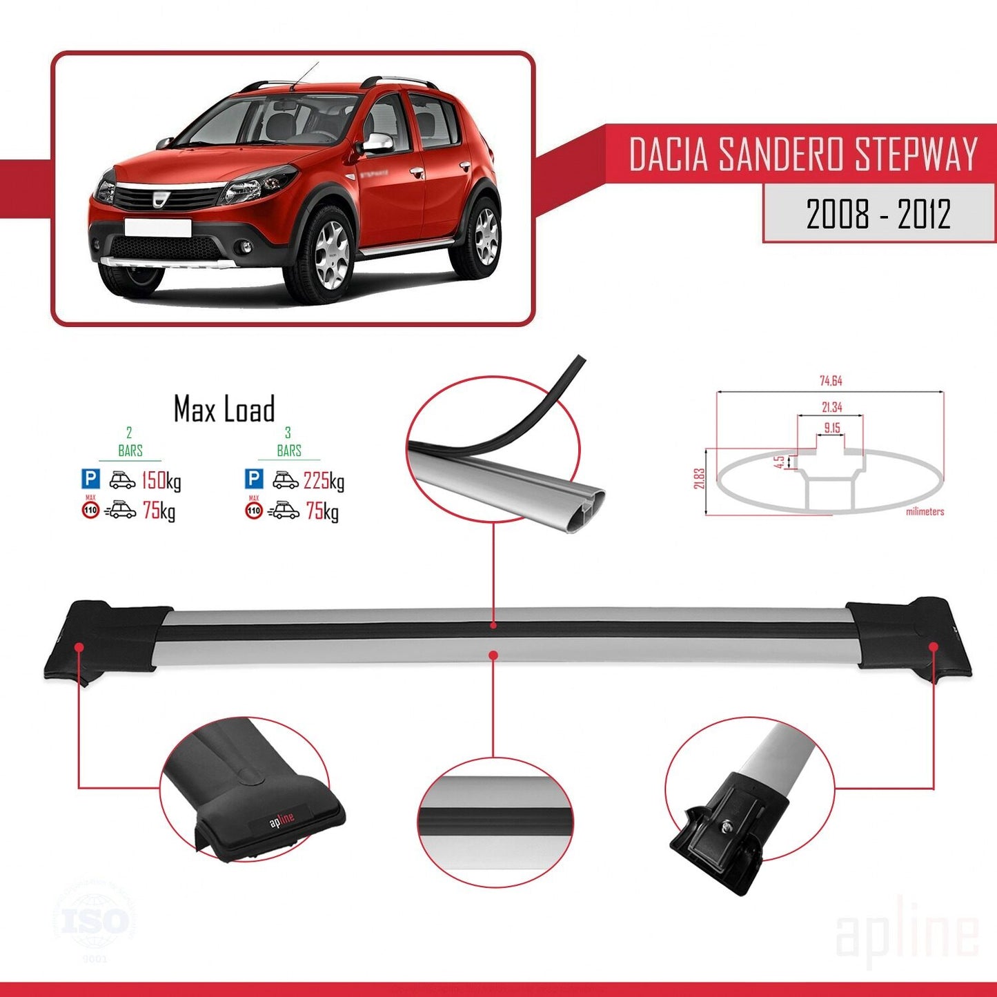 Kompatibel mit Dacia Sandero Stepway 2008-2012 FLY Modell Dachgepäckträger, graues Aluminium, 2 Stangen