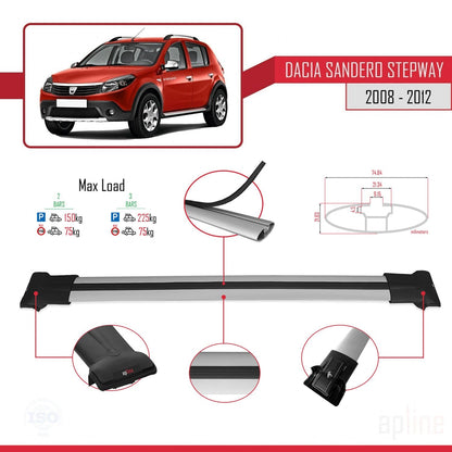 Kompatibel mit Dacia Sandero Stepway 2008-2012 FLY Modell Dachgepäckträger, graues Aluminium, 2 Stangen