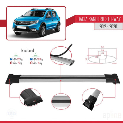 Kompatibel mit Dacia Sandero Stepway 2 2012-2020 FLY Modell Dachgepäckträger, graues Aluminium, 3-Stangen