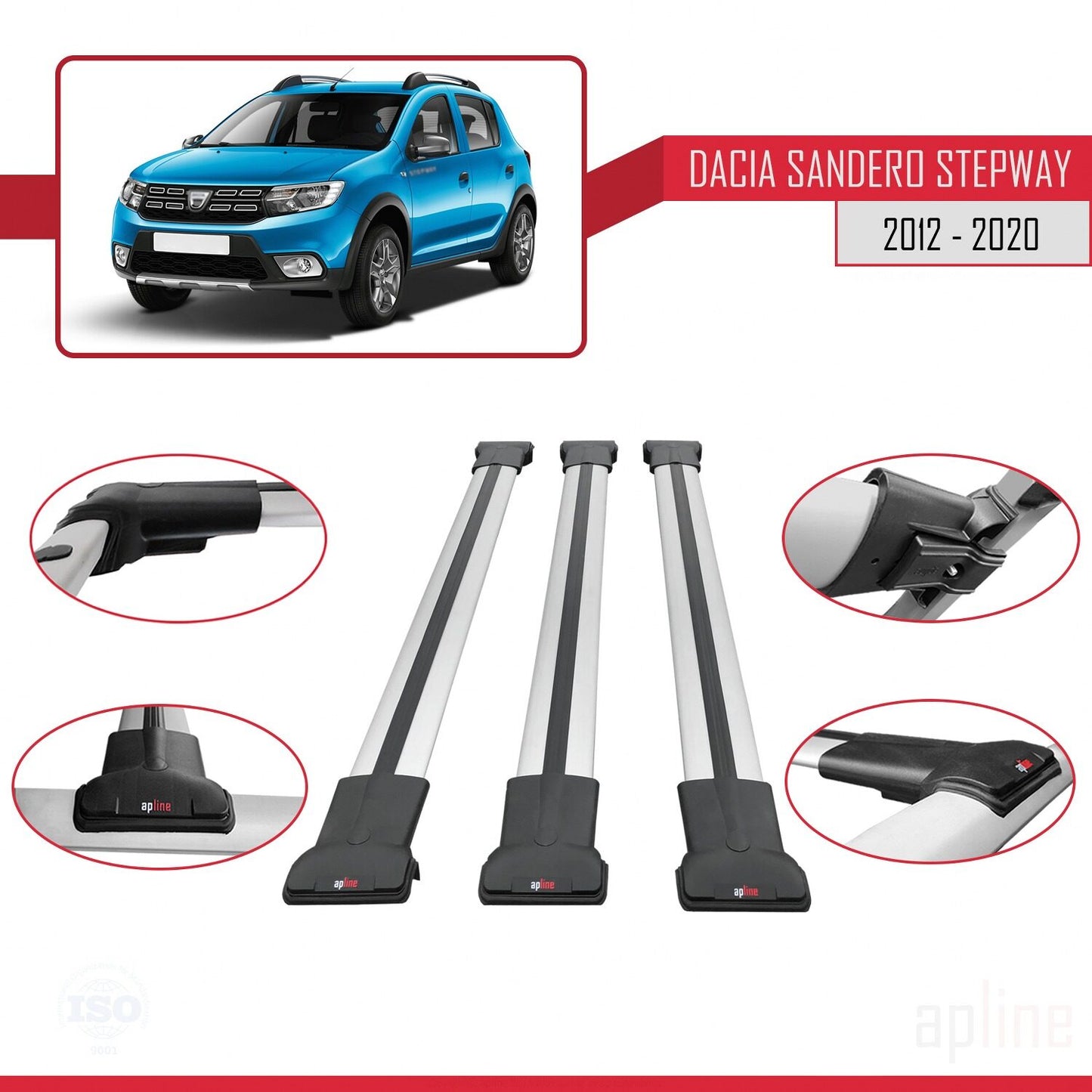 Kompatibel mit Dacia Sandero Stepway 2 2012-2020 FLY Modell Dachgepäckträger, graues Aluminium, 3-Stangen