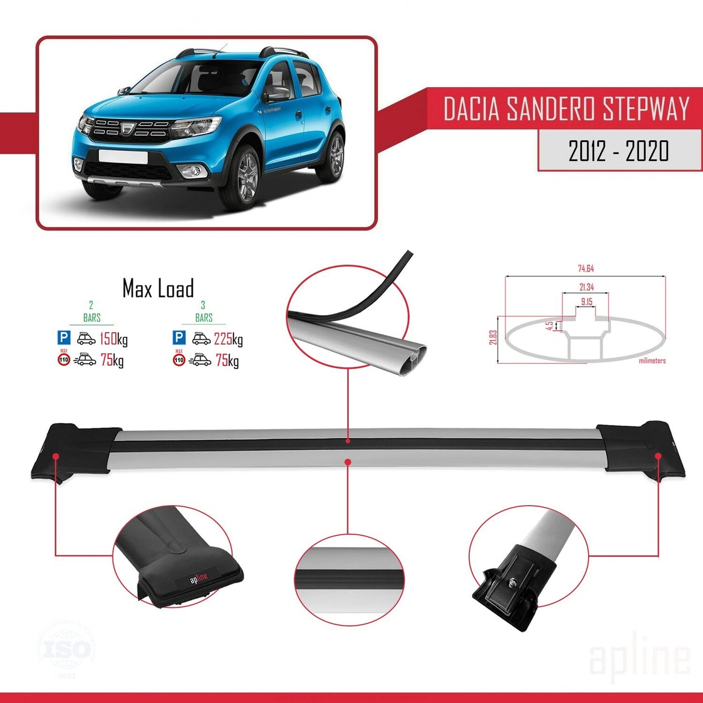 Kompatibel mit Dacia Sandero Stepway 2 2012-2020 FLY Modell Dachgepäckträger, graues Aluminium, 2 Stangen