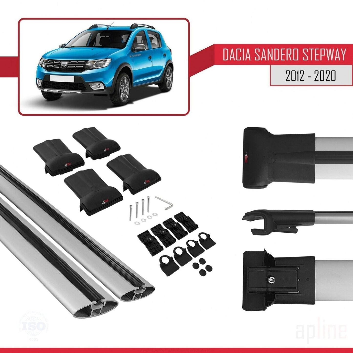 Kompatibel mit Dacia Sandero Stepway 2 2012-2020 FLY Modell Dachgepäckträger, graues Aluminium, 2 Stangen