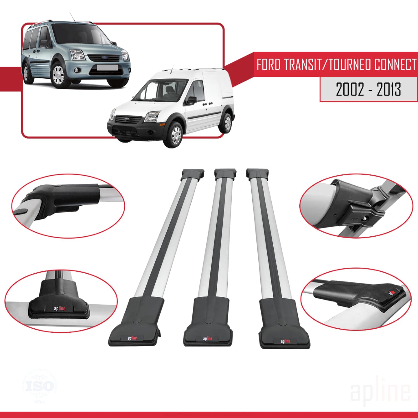 Kompatibel mit Ford Transit/Tourneo Connect 2002-2013 FLY Modell Dachgepäckträger, graues Aluminium, 3 Stangen