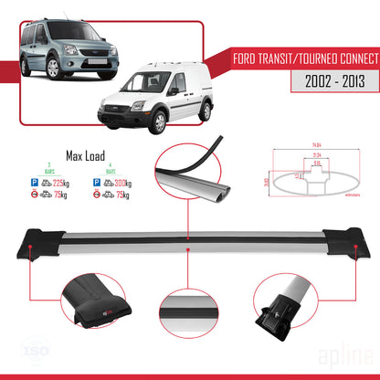 Kompatibel mit Ford Transit/Tourneo Connect 2002-2013 FLY Modell Dachgepäckträger, graues Aluminium, 4 Stangen