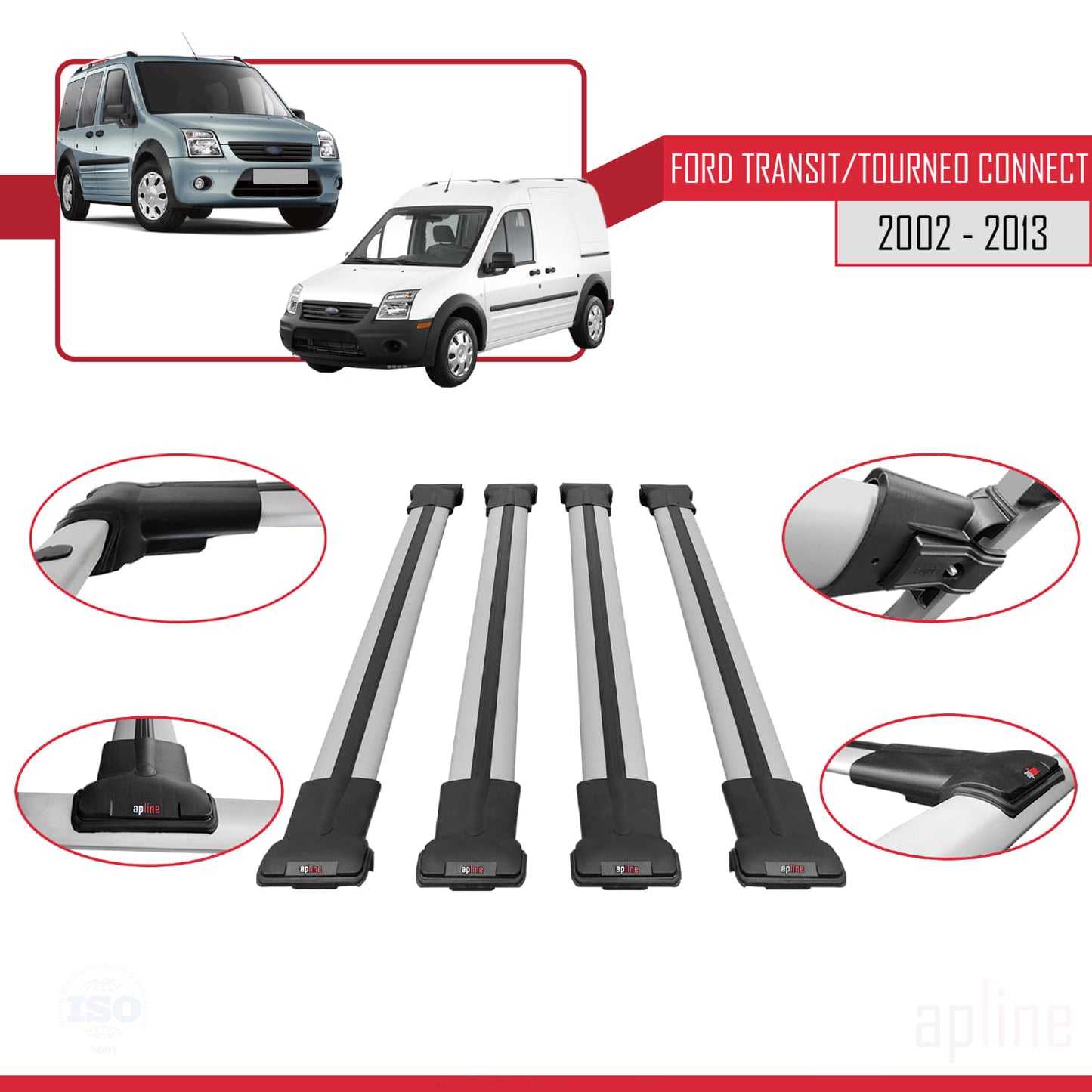 Kompatibel mit Ford Transit/Tourneo Connect 2002-2013 FLY Modell Dachgepäckträger, graues Aluminium, 4 Stangen