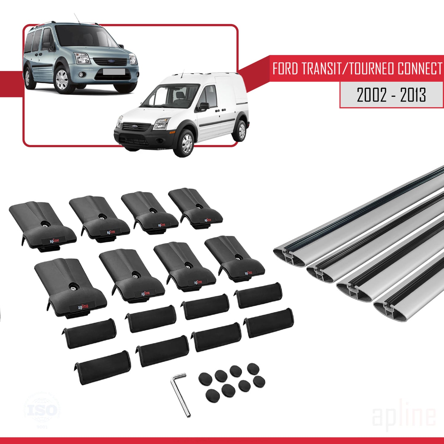 Kompatibel mit Ford Transit/Tourneo Connect 2002-2013 FLY Modell Dachgepäckträger, graues Aluminium, 4 Stangen