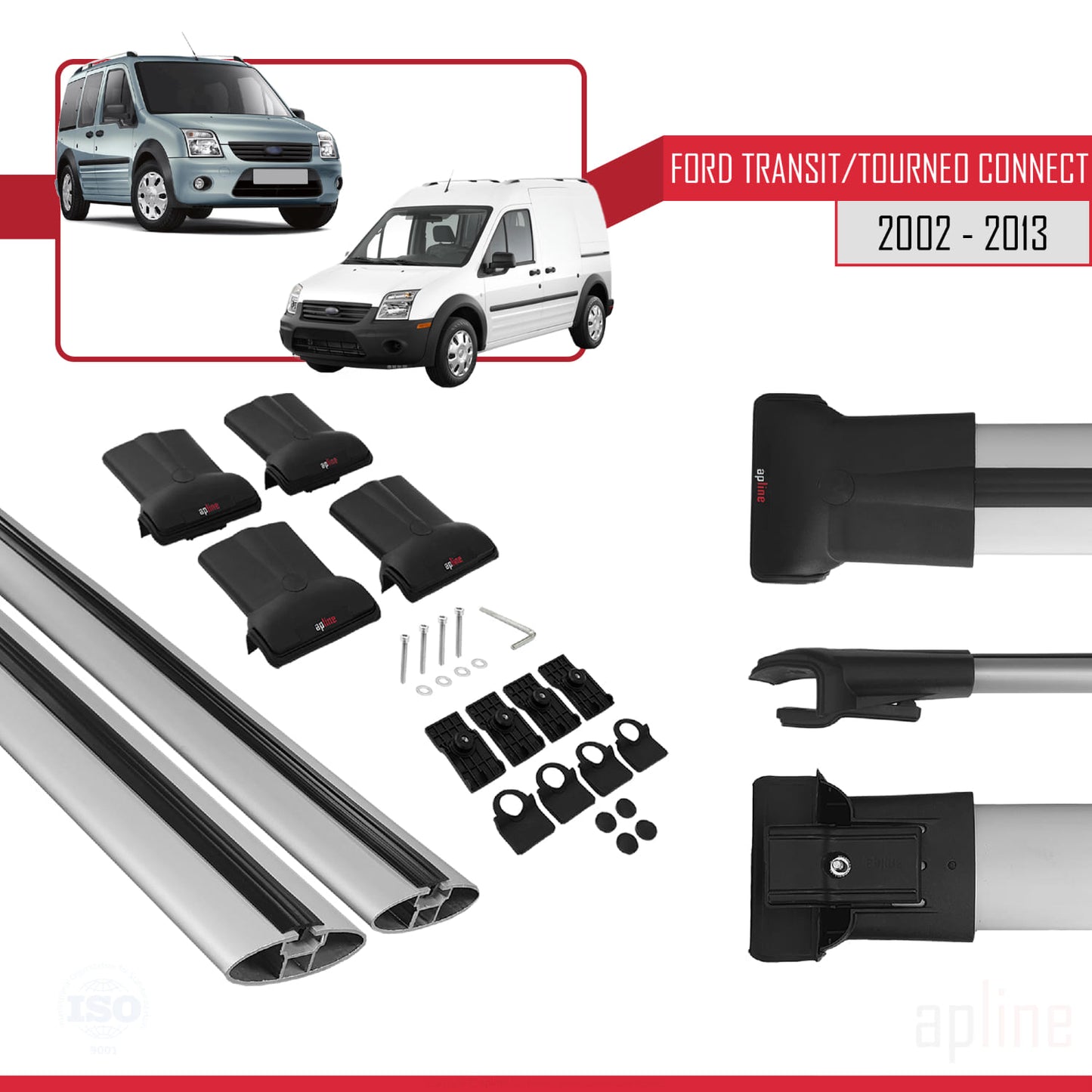 Kompatibel mit Ford Transit/Tourneo Connect 2002-2013 FLY Modell Dachgepäckträger, graues Aluminium, 2 Stangen