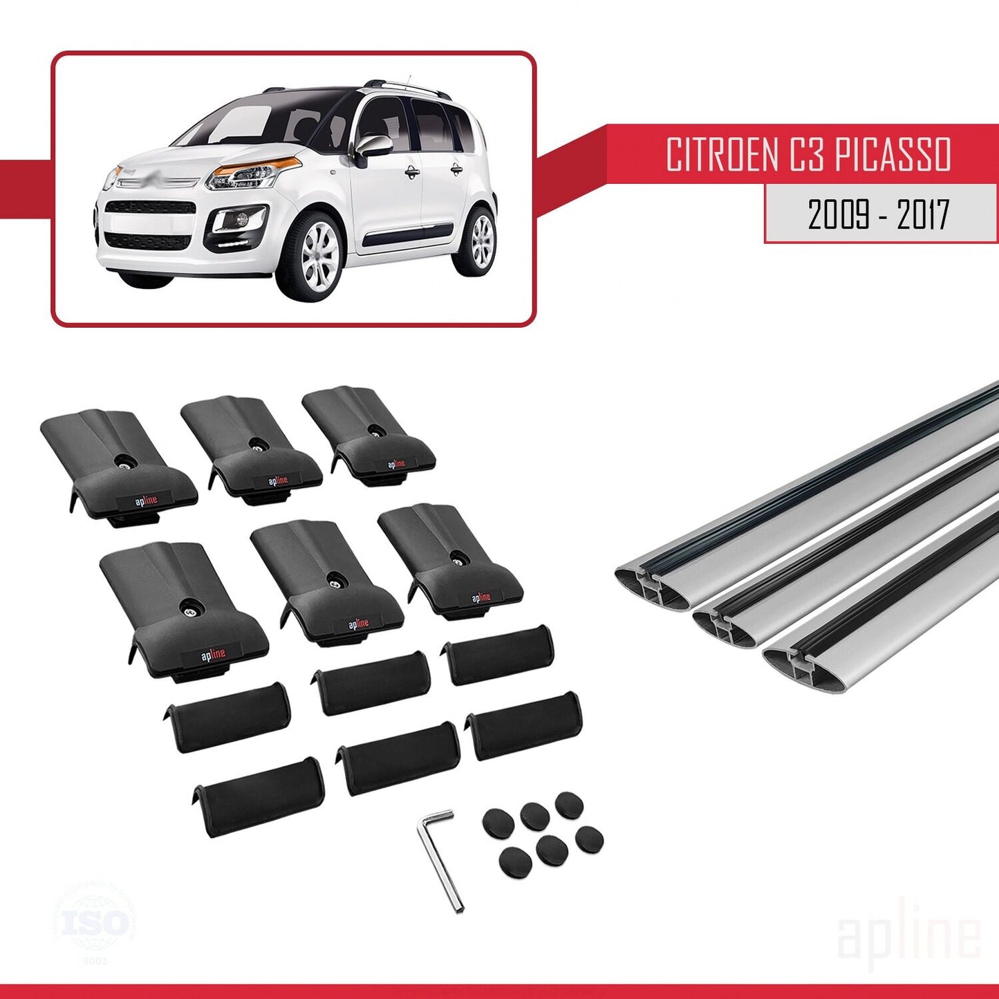 Kompatibel mit Citroen C3 Picasso 2009-2017 FLY Modell Dachgepäckträger, graues Aluminium, 3 Stangen