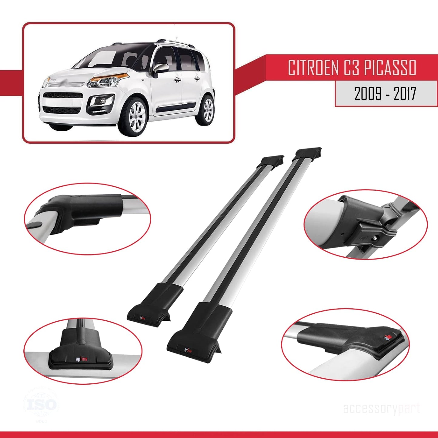 Kompatibel mit Citroen C3 Picasso 2009-2017 FLY Modell Dachgepäckträger, graues Aluminium, 2 Stangen
