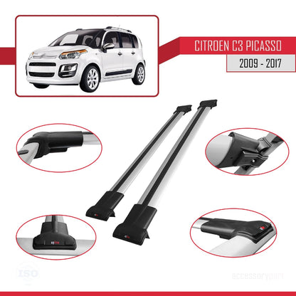 Kompatibel mit Citroen C3 Picasso 2009-2017 FLY Modell Dachgepäckträger, graues Aluminium, 2 Stangen
