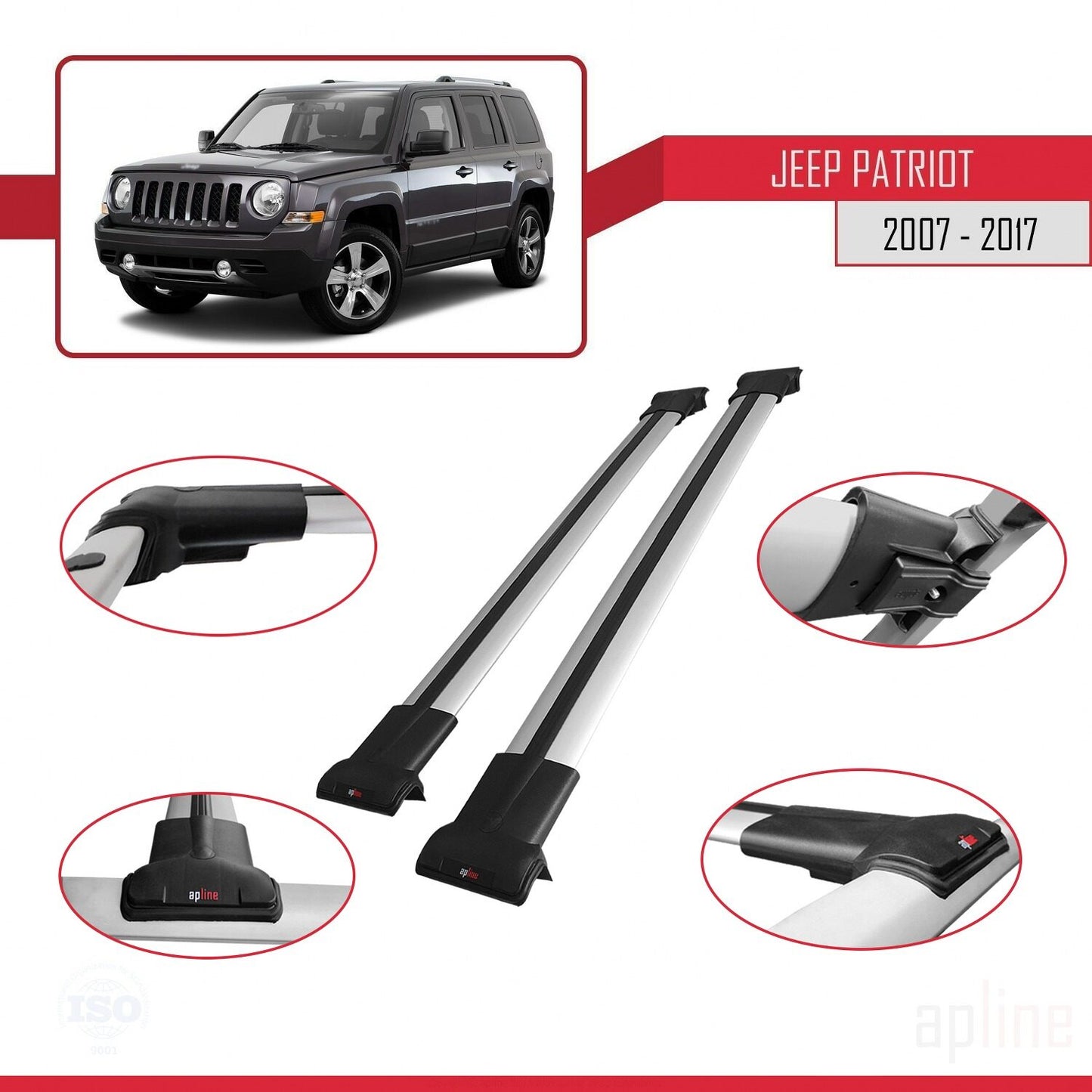 Compatible with Jeep Patriot 2007-2017 FLY Model Car Roof Rack Cross Bar Grey Aluminium 2 Bars