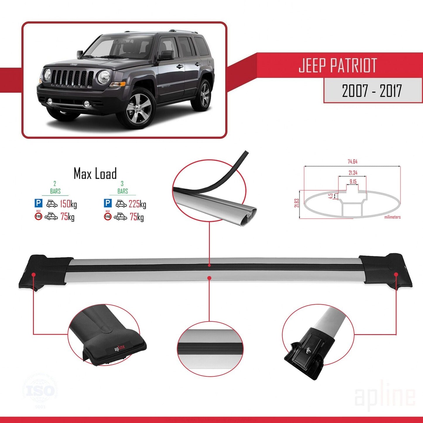 Compatible with Jeep Patriot 2007-2017 FLY Model Car Roof Rack Cross Bar Grey Aluminium 2 Bars