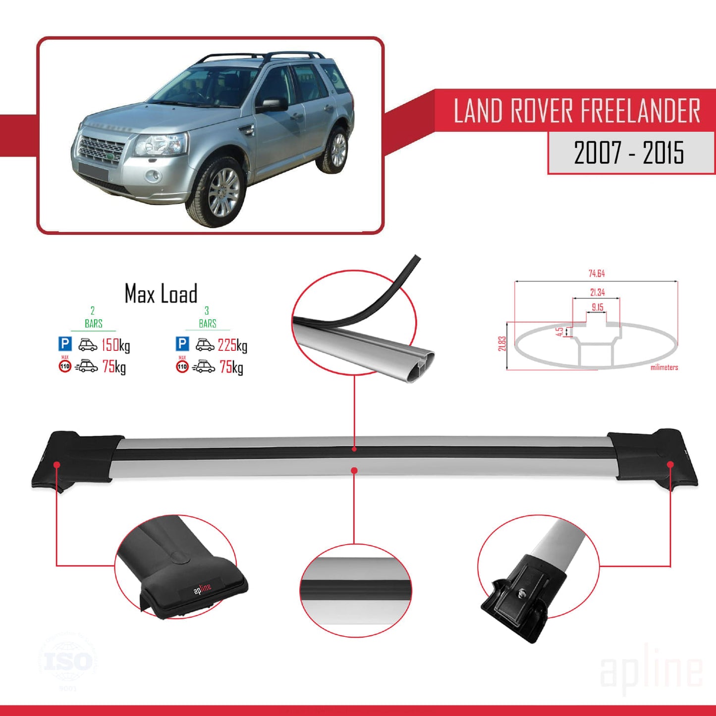 Compatible avec Land Rover Freelander 2 (L359) 2007-2015 FLY Model Barres de Toit Railing Porte-Bagages de Voiture Gris Aluminium 2 Barres