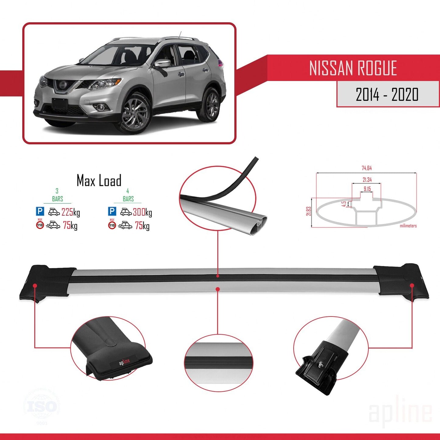 Kompatibel mit Nissan Rogue 2 (T32) 2014-2020 FLY Model Relingträger Dachträger Auto Gepäckträger Grau Aluminium 3 Stangen