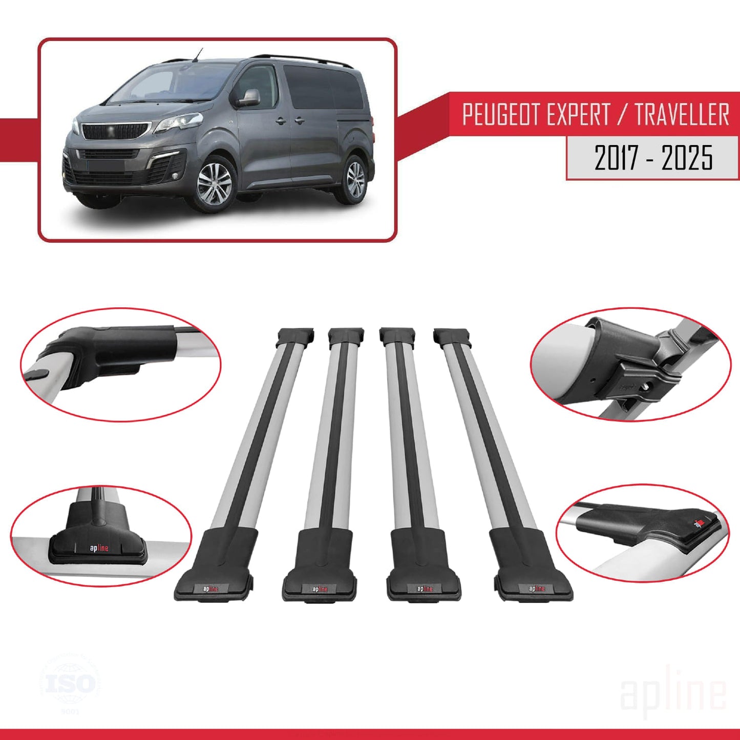 Kompatibel mit Peugeot Expert 3 Traveller 2017-2025 FLY Model Relingträger Dachträger Auto Gepäckträger Grau Aluminium 4 Stangen