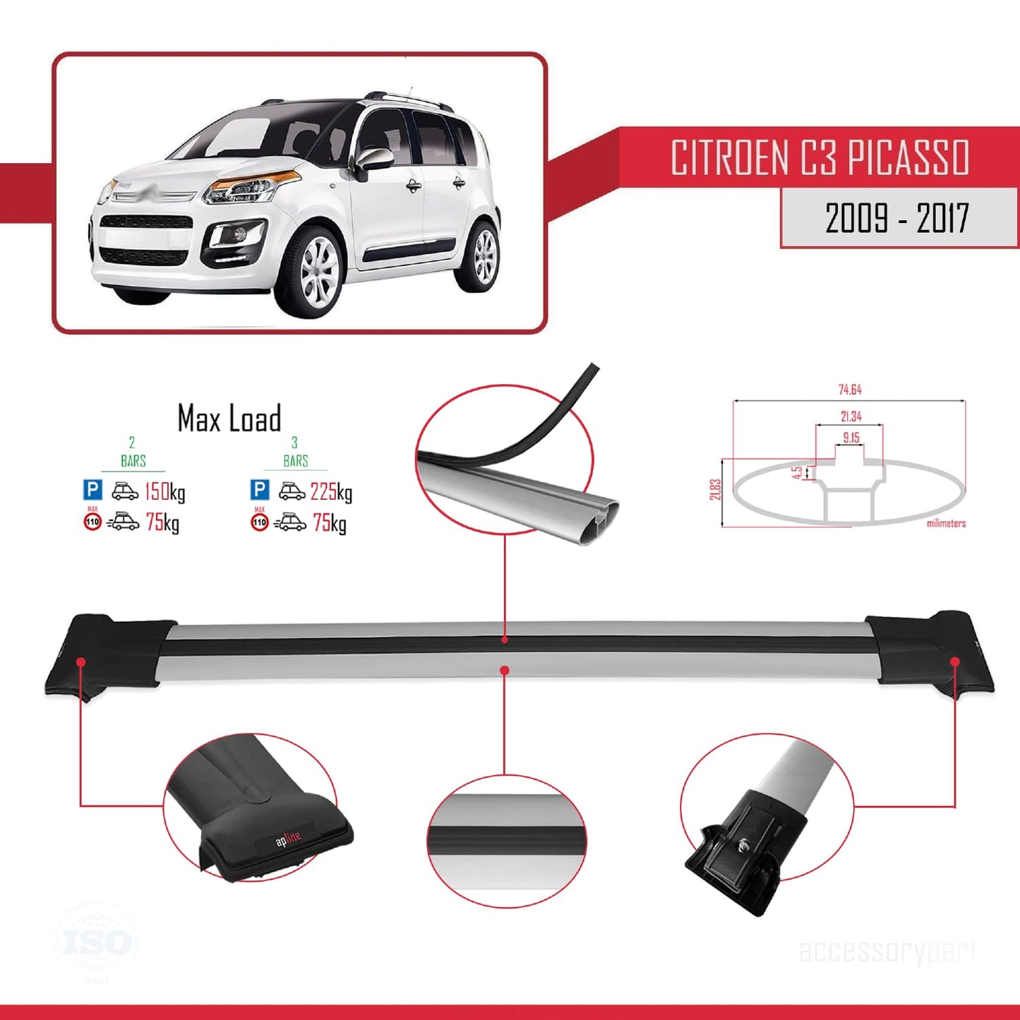 Kompatibel mit Citroen C3 Picasso 2009-2017 FLY Modell Dachgepäckträger, graues Aluminium, 2 Stangen