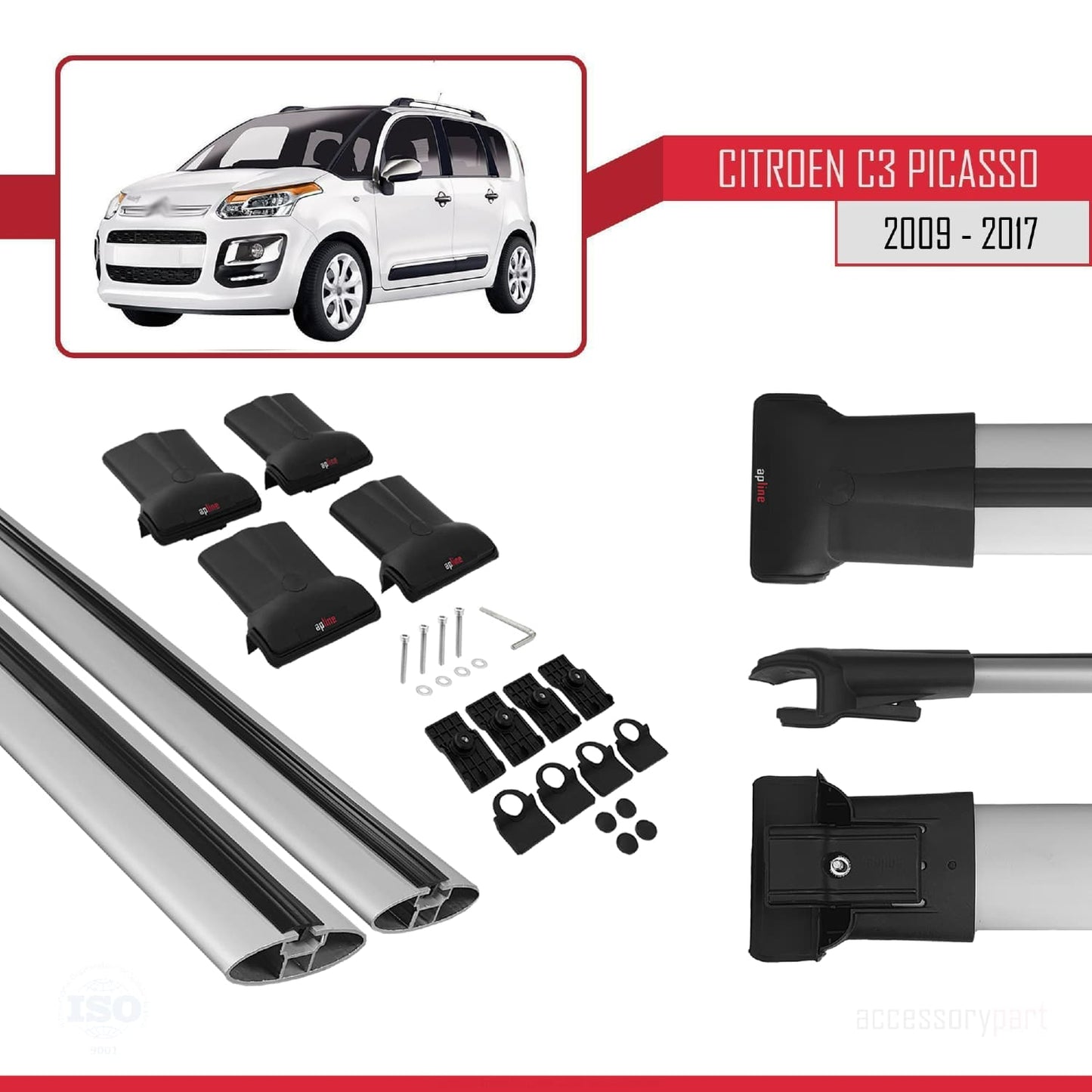 Kompatibel mit Citroen C3 Picasso 2009-2017 FLY Modell Dachgepäckträger, graues Aluminium, 2 Stangen